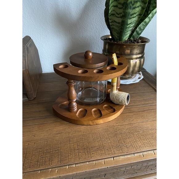 Vintage Wood 6 Pipe Rack Storage Glass Humidor With Wood Lid